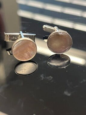 Silver-Tone Brown Mother-of-Pearl Round Cufflinks